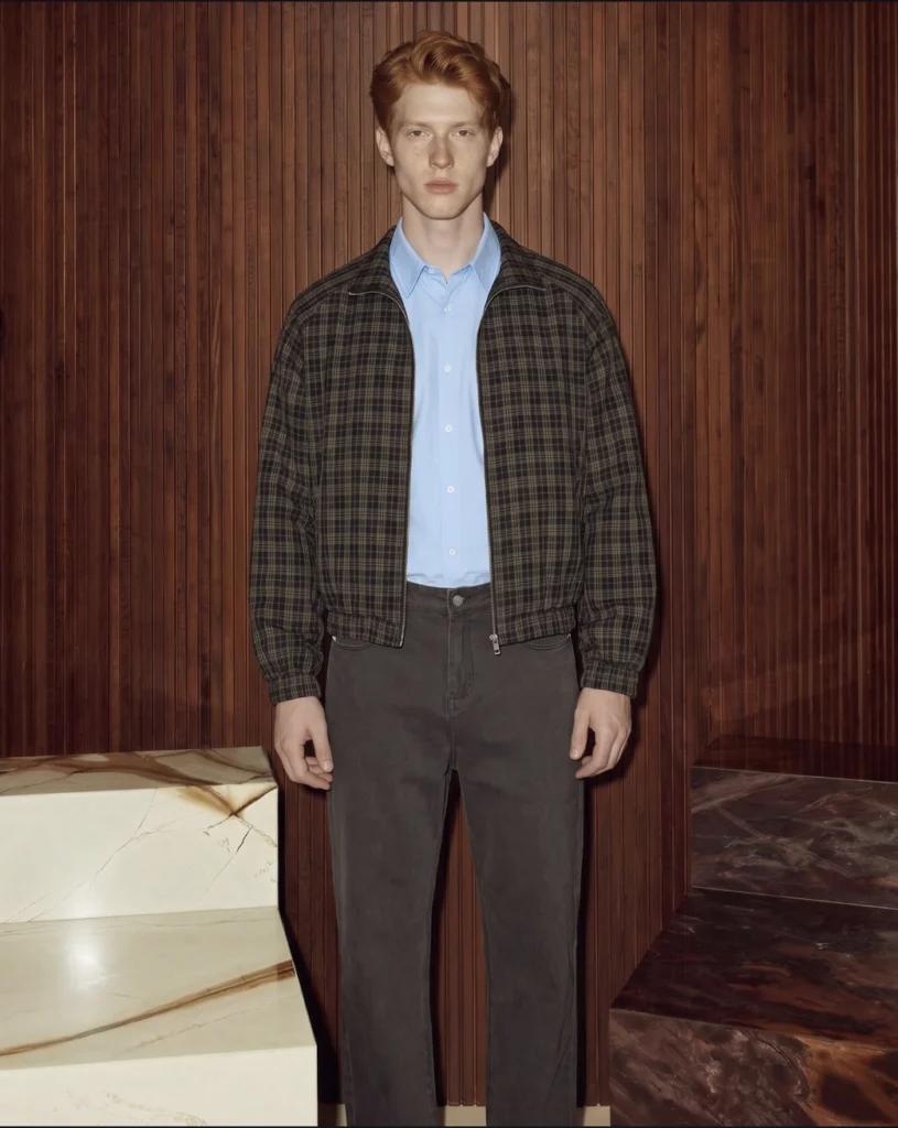 Holvo Black Plaid Jacket worn with a sky blue shirt and washed trousers