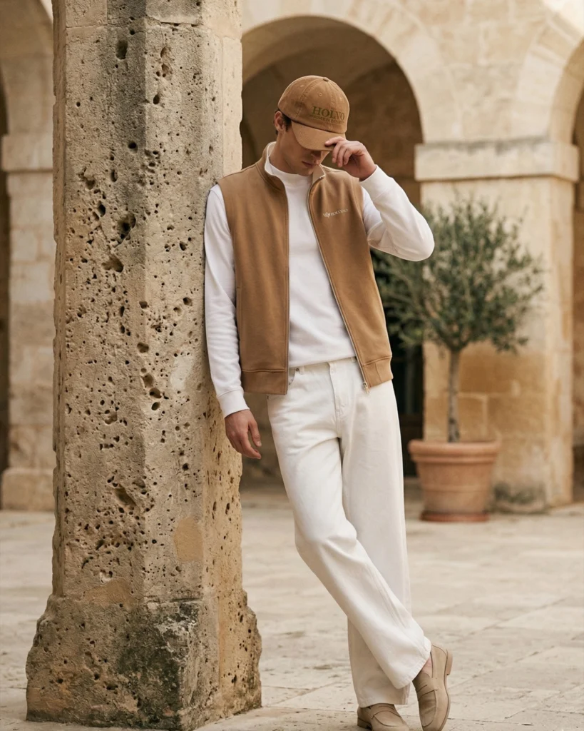 Man in a camel Holvo gilet, white long sleeve, white jeans and a Holvo cap, leaning against a stone column