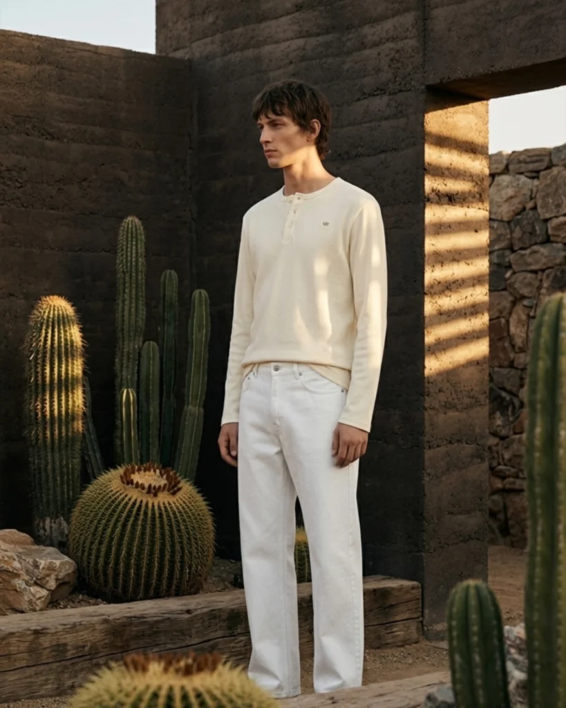 Man in a cream long-sleeve Holvo henley and white jeans in a walled cactus garden