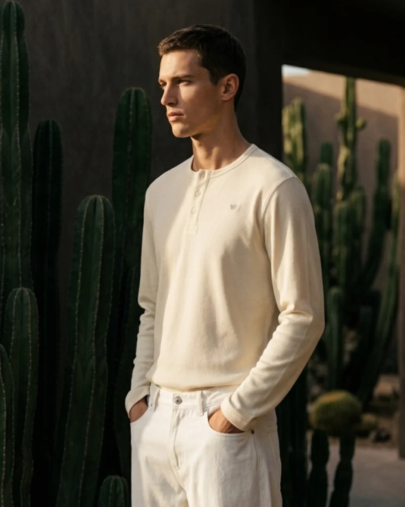 Man in a cream long-sleeve Holvo henley and white jeans, standing among tall cacti