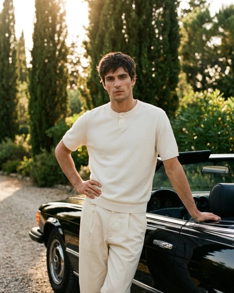 Man in a cream knit Holvo henley and pleated trousers, leaning on a black convertible