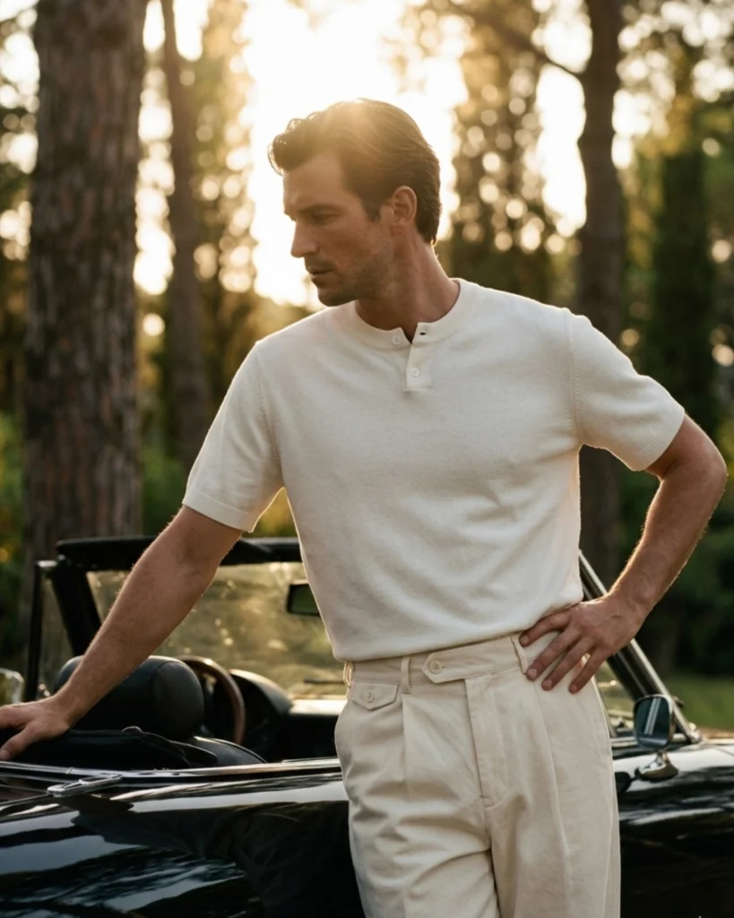 Man in a cream knit Holvo henley and pleated trousers, leaning on a black convertible in evening sun