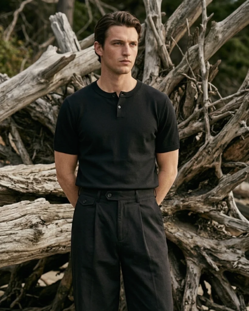 Man in a black knit Holvo henley and black pleated trousers in front of driftwood