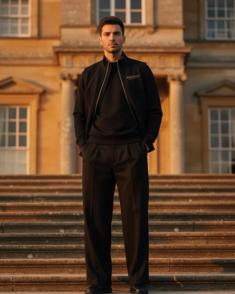 Man in a black Holvo gilet, jumper and pleated trousers standing on stone steps at golden hour
