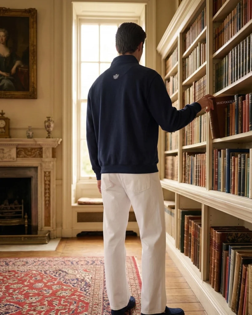 Man in a navy Holvo quarter-zip with the crest on the back and white jeans, taking a book from a library shelf