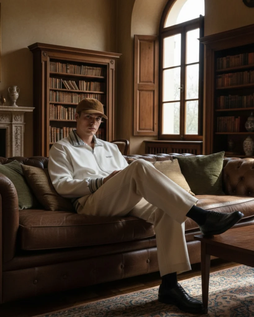 Man in a white Holvo zip jacket, cream trousers and a corduroy cap, sitting on a leather sofa in a library