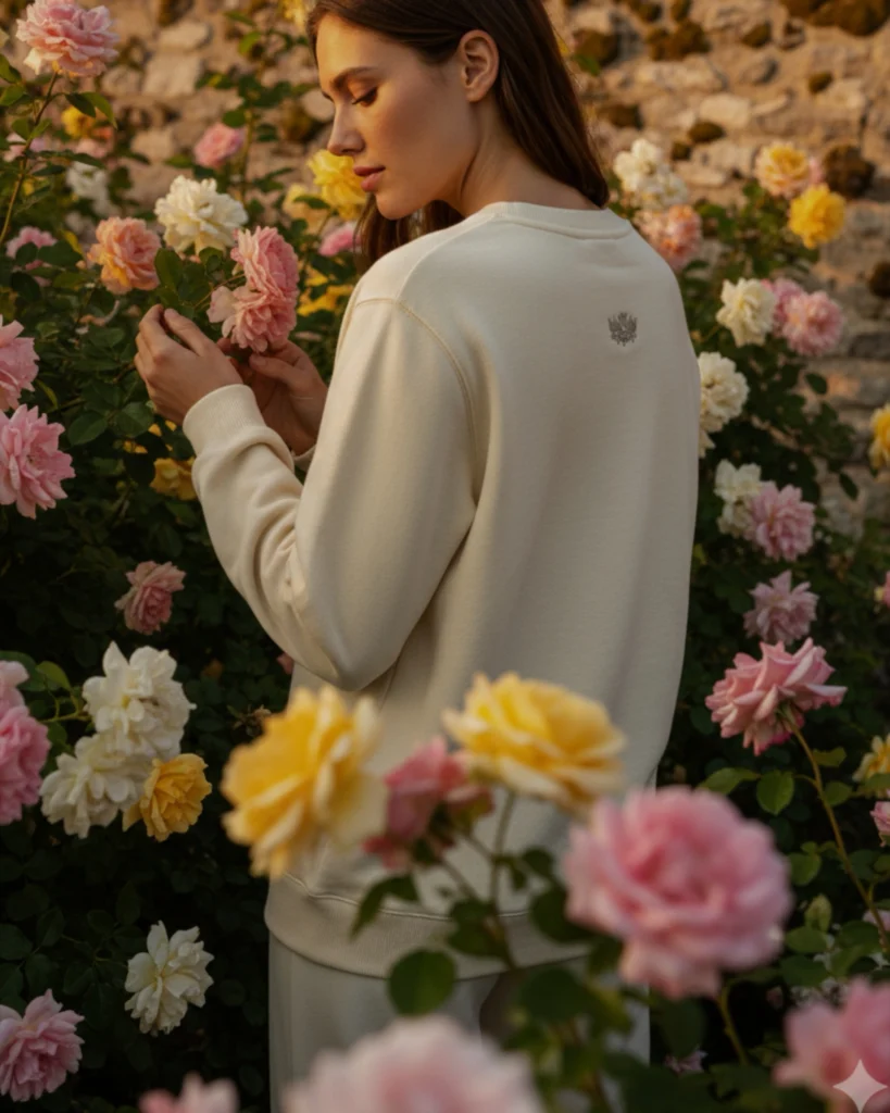 Woman in a cream Holvo sweatshirt with the crest on the back, among climbing roses