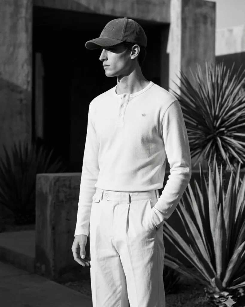 Man in a white Holvo henley, cream trousers and a dark Holvo cap, standing beside agave plants