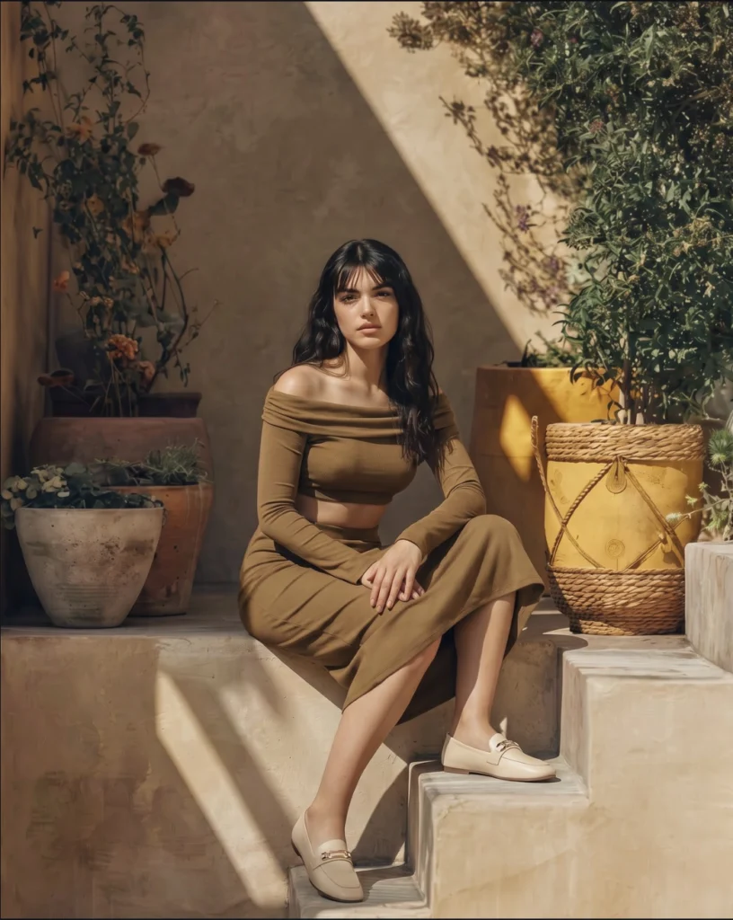 Model in an olive off-the-shoulder top and knit maxi skirt on sunlit steps