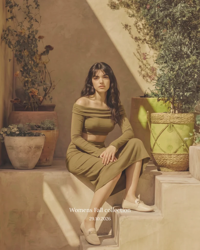 Model in the Holvo olive off-the-shoulder top and knit maxi skirt, sitting on sunlit steps