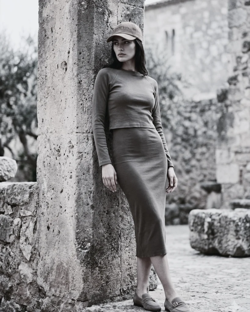 Woman in a ribbed long-sleeve top, midi skirt and a Holvo cap, leaning against a stone pillar